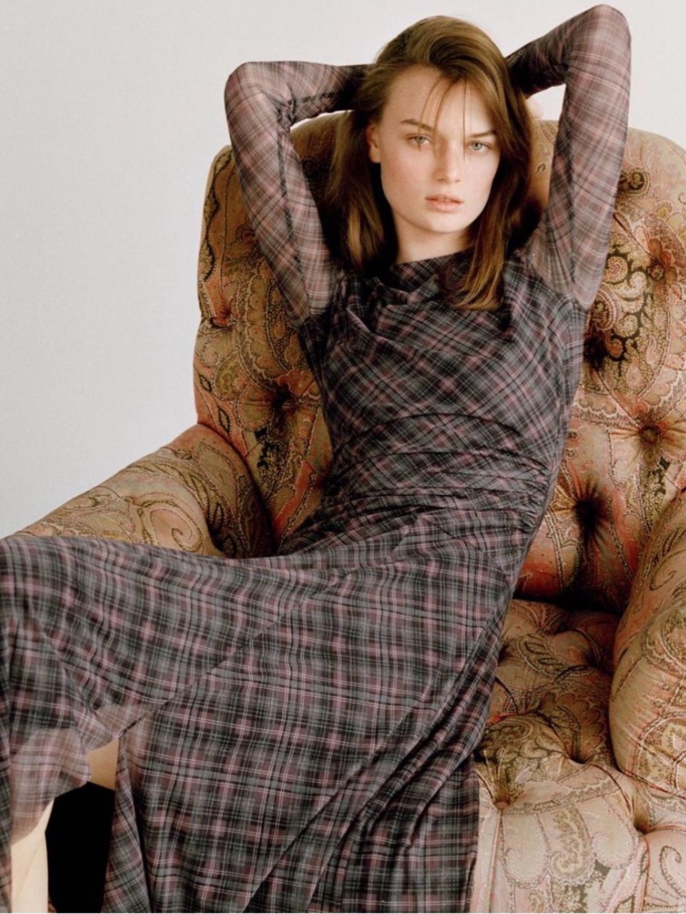ZaraPlaid Long Sleeve Maxi Dress in Charcoal and Mauve